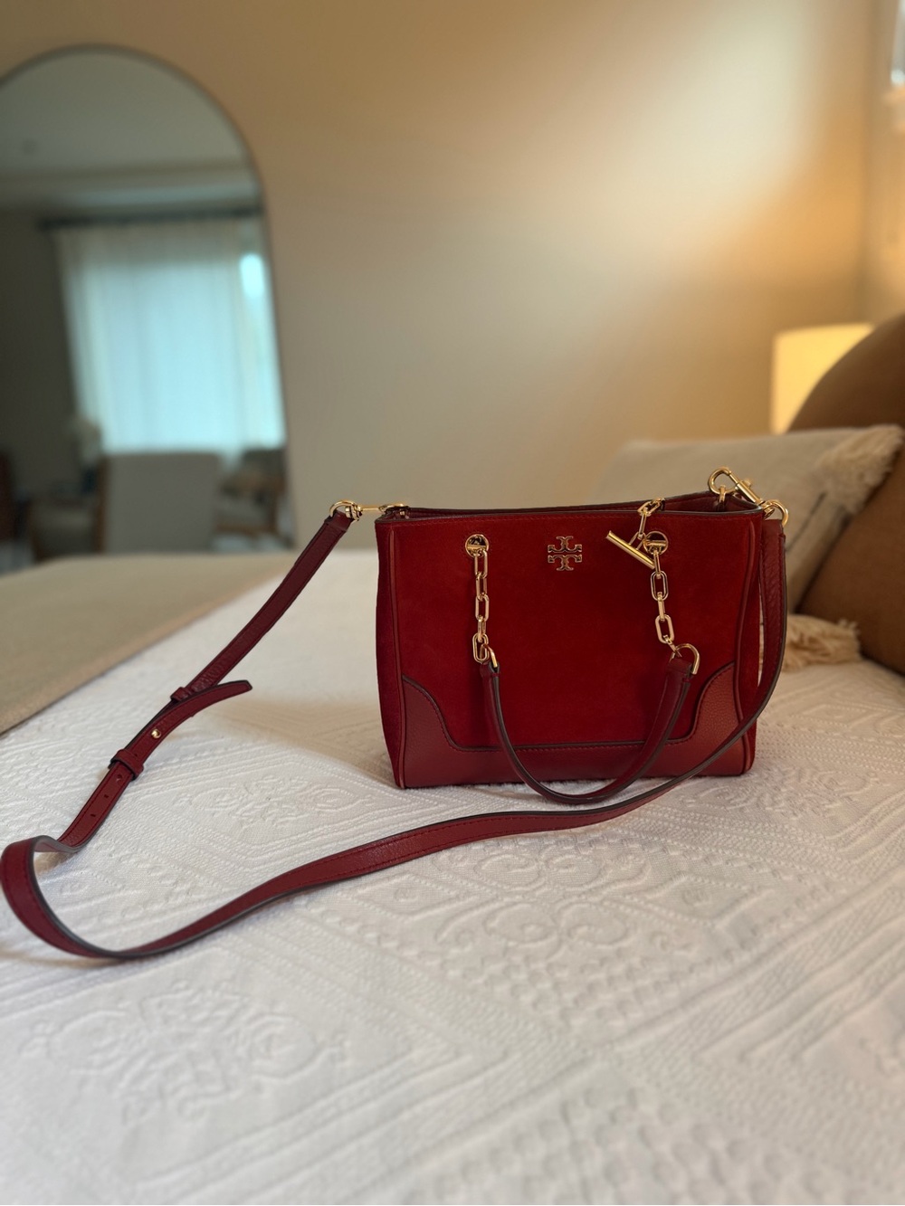 Tory Burch Burgundy Leather Convertible Crossbody Bag
